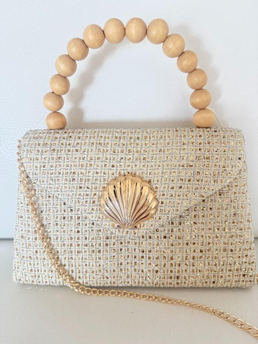 Tommy Bahama Gold Tweed Shell Clutch with Beaded Handle